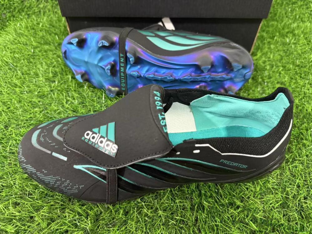 Men's Adidas Predator 26 Elite Fold-Over Tongue FG Firm Ground Low-Tops Football Boots - Black/Electric Blue/Metallic Teal