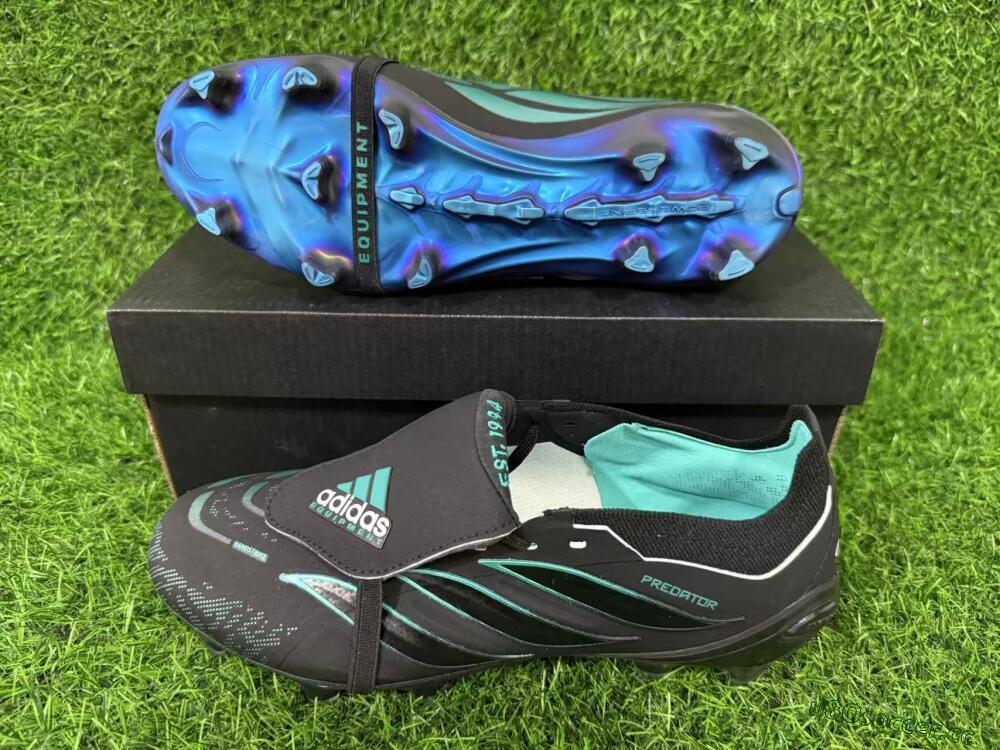 Men's Adidas Predator 26 Elite Fold-Over Tongue FG Firm Ground Low-Tops Football Boots - Black/Electric Blue/Metallic Teal