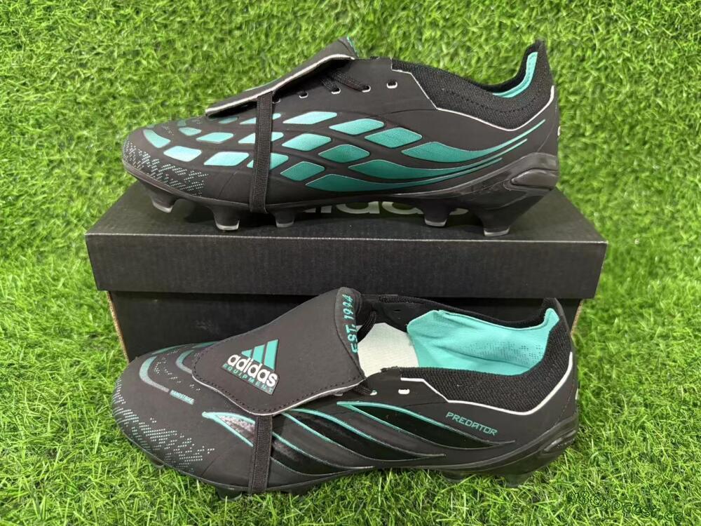 Men's Adidas Predator 26 Elite Fold-Over Tongue FG Firm Ground Low-Tops Football Boots - Black/Electric Blue/Metallic Teal