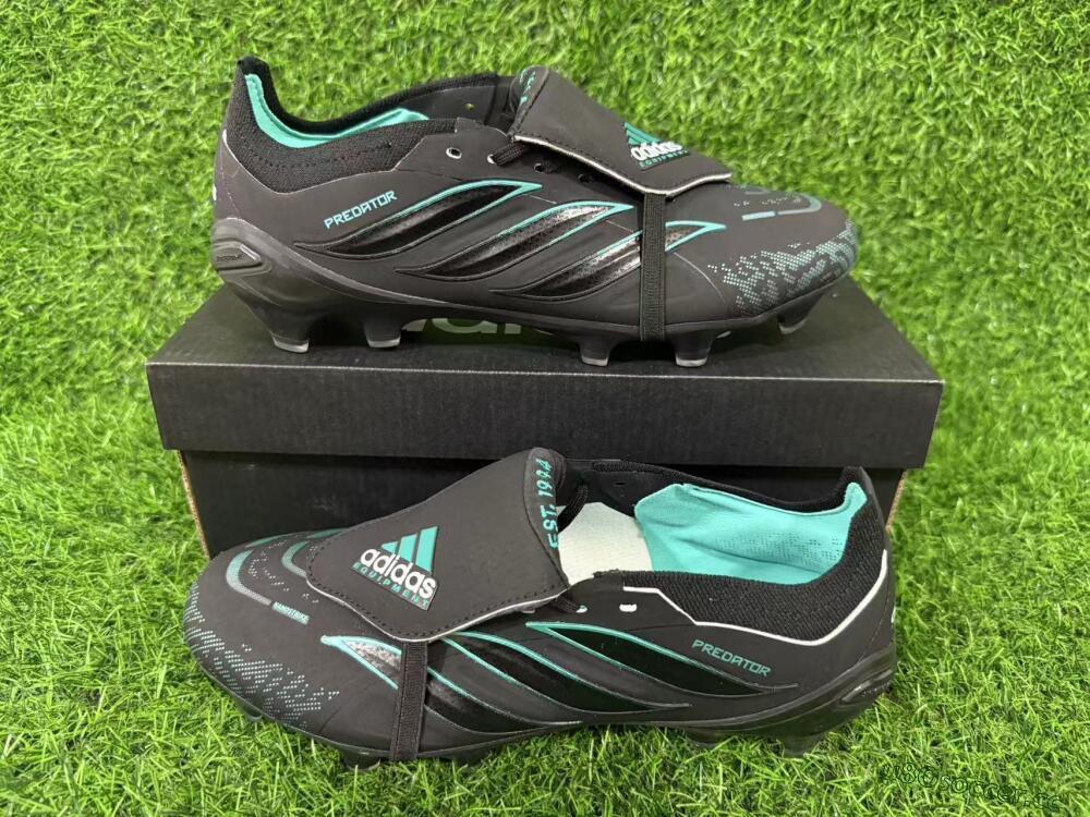 Men's Adidas Predator 26 Elite Fold-Over Tongue FG Firm Ground Low-Tops Football Boots - Black/Electric Blue/Metallic Teal