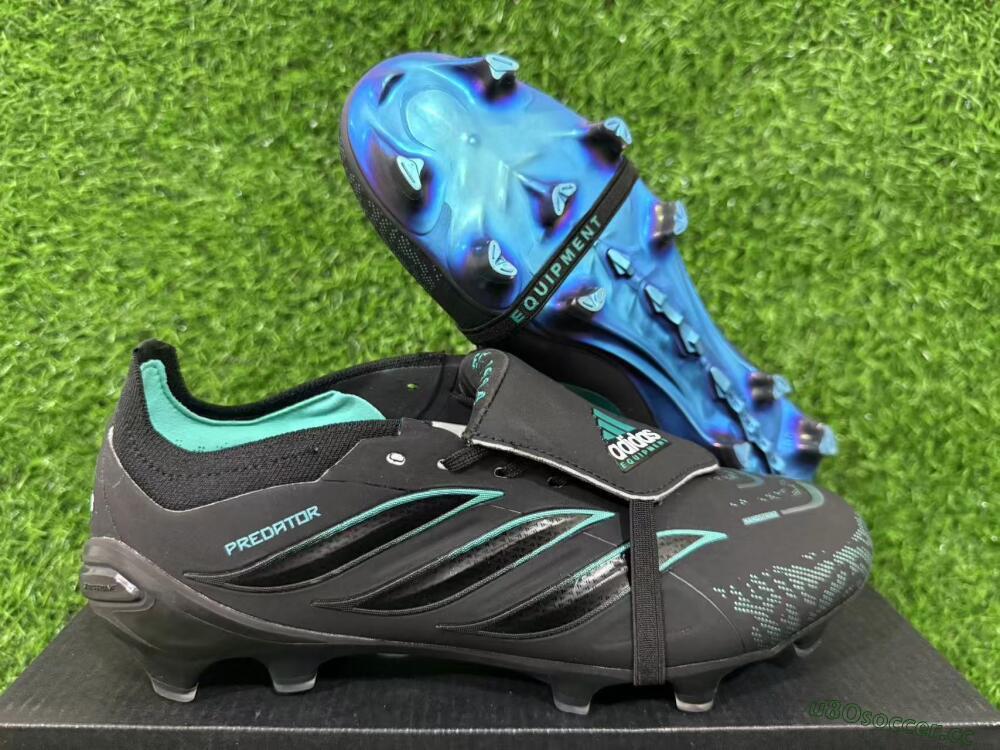 Men's Adidas Predator 26 Elite Fold-Over Tongue FG Firm Ground Low-Tops Football Boots - Black/Electric Blue/Metallic Teal