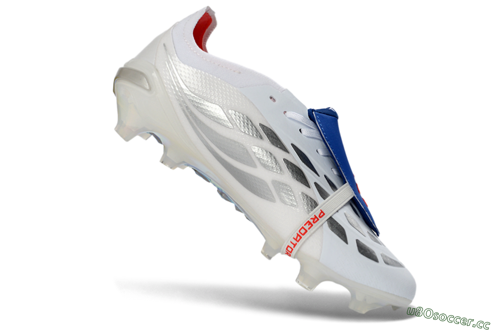 Men's Adidas Predator 26 Elite Fold-Over Tongue FG Firm Ground Low-Tops Football Boots - White/Electric Blue/Silver Gray 5