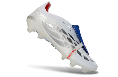 Men's Adidas Predator 26 Elite Fold-Over Tongue FG Firm Ground Low-Tops Football Boots - White/Electric Blue/Silver Gray