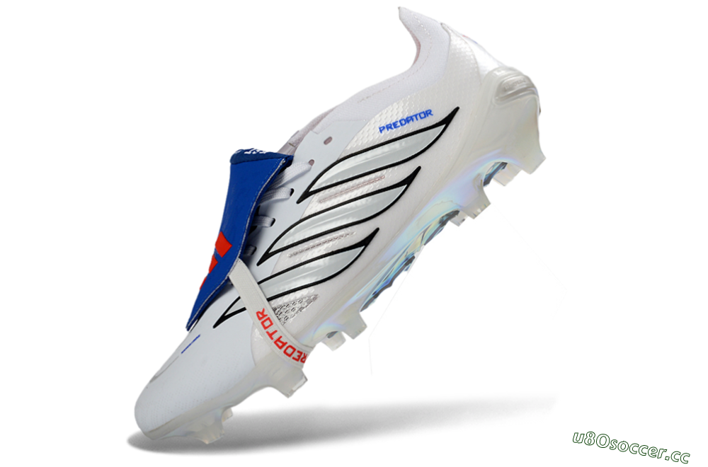 Men's Adidas Predator 26 Elite Fold-Over Tongue FG Firm Ground Low-Tops Football Boots - White/Electric Blue/Silver Gray 6