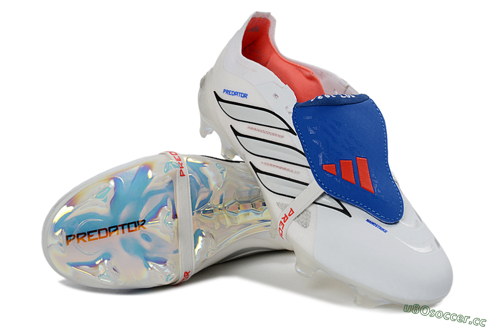 Men's Adidas Predator 26 Elite Fold-Over Tongue FG Firm Ground Low-Tops Football Boots - White/Electric Blue/Silver Gray 4