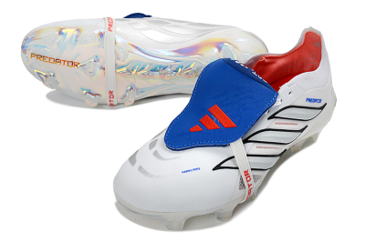 Men's Adidas Predator 26 Elite Fold-Over Tongue FG Firm Ground Low-Tops Football Boots - White/Electric Blue/Silver Gray
