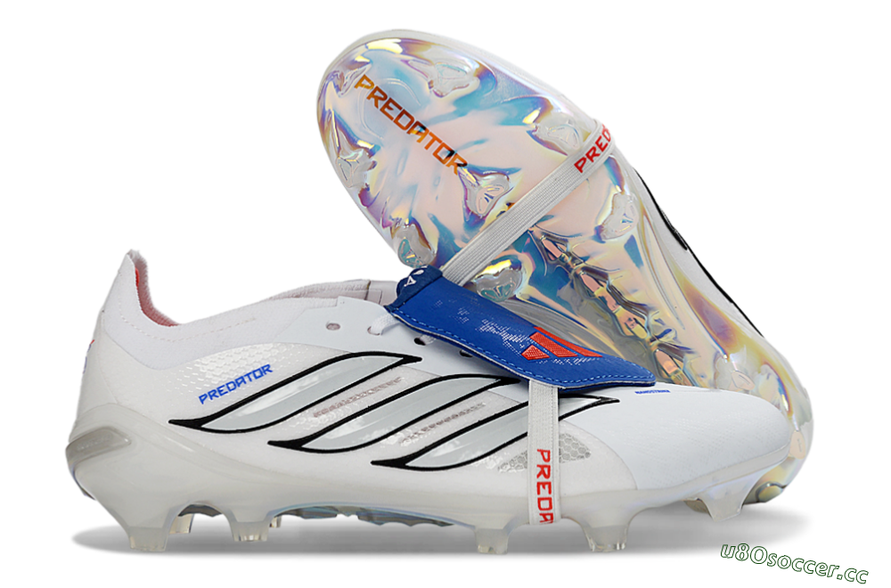 Men's Adidas Predator 26 Elite Fold-Over Tongue FG Firm Ground Low-Tops Football Boots - White/Electric Blue/Silver Gray 2