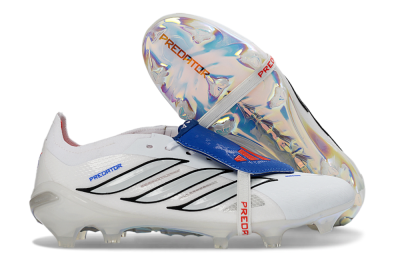 Men's Adidas Predator 26 Elite Fold-Over Tongue FG Firm Ground Low-Tops Football Boots - White/Electric Blue/Silver Gray