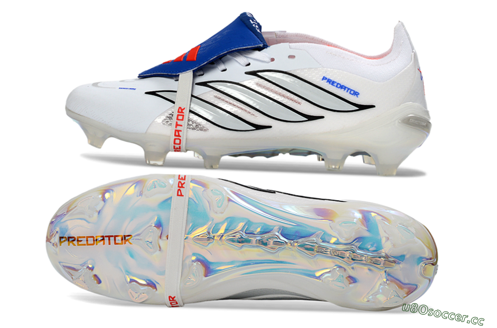 Men's Adidas Predator 26 Elite Fold-Over Tongue FG Firm Ground Low-Tops Football Boots - White/Electric Blue/Silver Gray 1