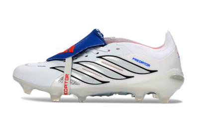 Men's Adidas Predator 26 Elite Fold-Over Tongue FG Firm Ground Low-Tops Football Boots - White/Electric Blue/Silver Gray