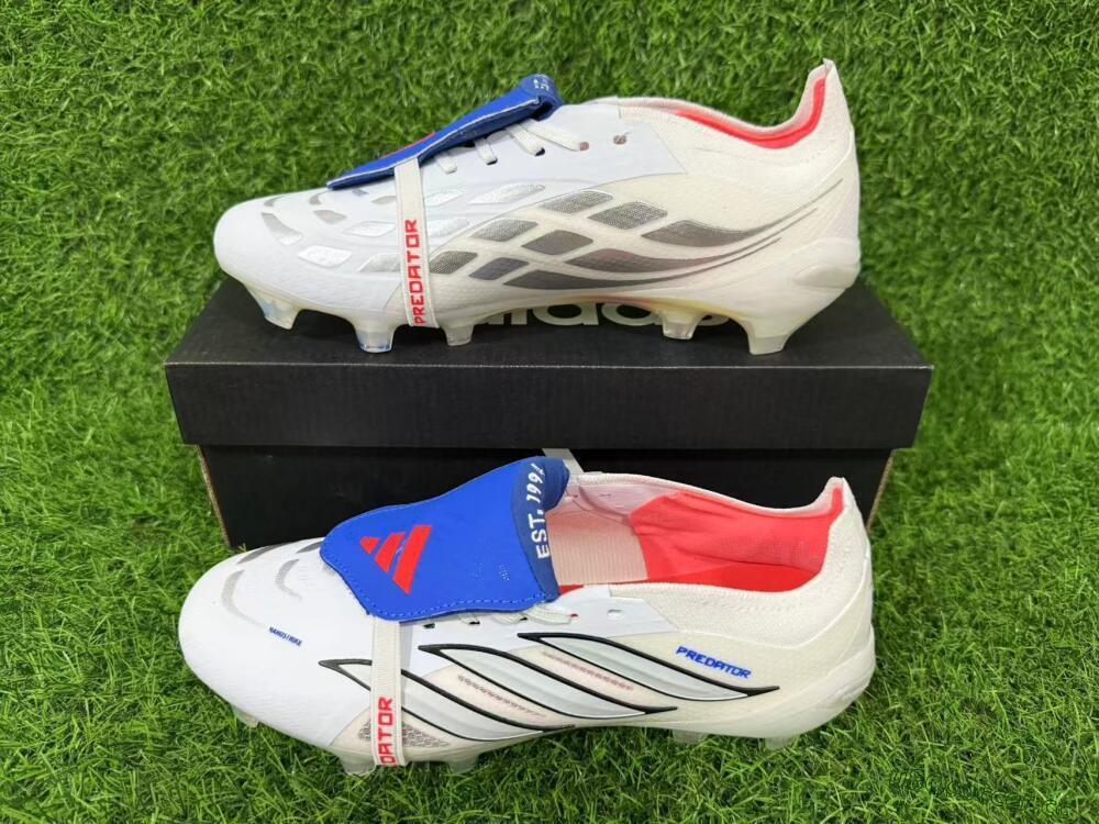 Men's Adidas Predator 26 Elite Fold-Over Tongue FG Firm Ground Low-Tops Football Boots - White/Electric Blue/Silver Gray