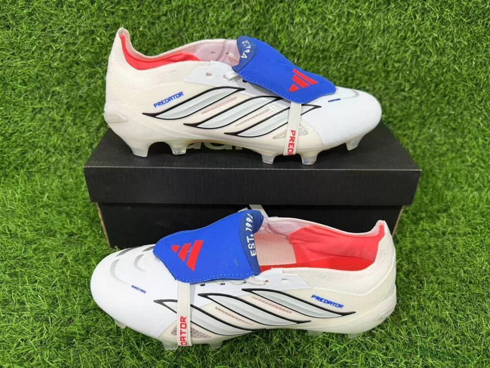 Men's Adidas Predator 26 Elite Fold-Over Tongue FG Firm Ground Low-Tops Football Boots - White/Electric Blue/Silver Gray