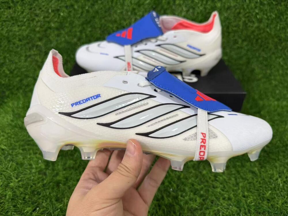 Men's Adidas Predator 26 Elite Fold-Over Tongue FG Firm Ground Low-Tops Football Boots - White/Electric Blue/Silver Gray