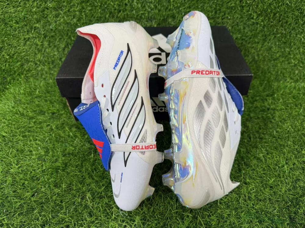 Men's Adidas Predator 26 Elite Fold-Over Tongue FG Firm Ground Low-Tops Football Boots - White/Electric Blue/Silver Gray