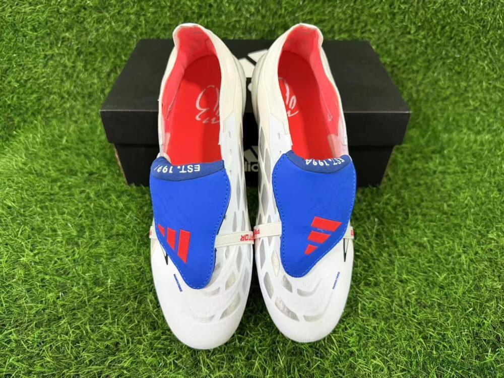 Men's Adidas Predator 26 Elite Fold-Over Tongue FG Firm Ground Low-Tops Football Boots - White/Electric Blue/Silver Gray