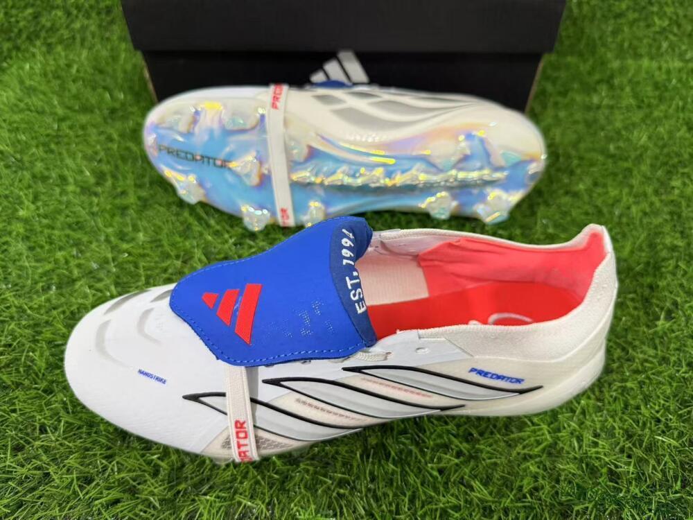 Men's Adidas Predator 26 Elite Fold-Over Tongue FG Firm Ground Low-Tops Football Boots - White/Electric Blue/Silver Gray