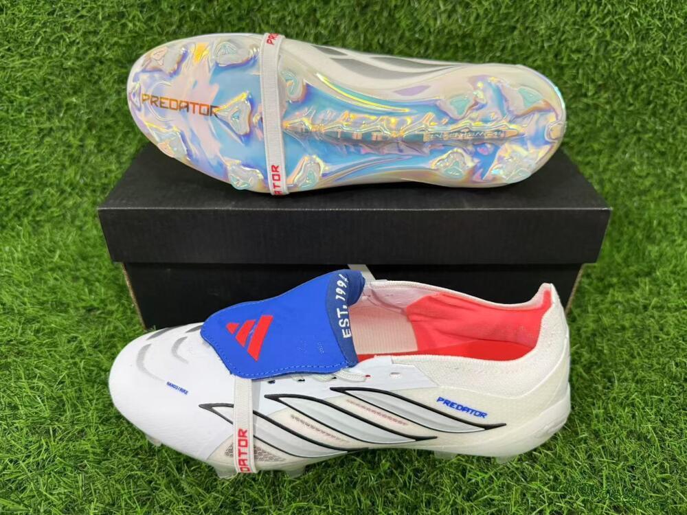 Men's Adidas Predator 26 Elite Fold-Over Tongue FG Firm Ground Low-Tops Football Boots - White/Electric Blue/Silver Gray