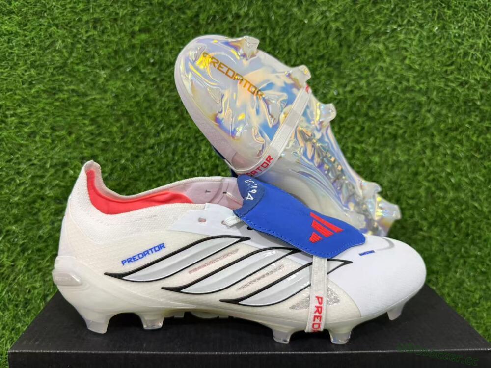 Men's Adidas Predator 26 Elite Fold-Over Tongue FG Firm Ground Low-Tops Football Boots - White/Electric Blue/Silver Gray