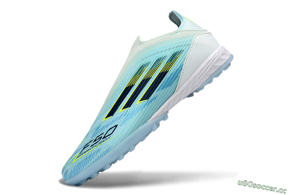 Men's Adidas F50 Elite Laceless TF Artificial Turf Low-Tops Football Shoes - Aqua/Sky Blue/Neon Yellow 6