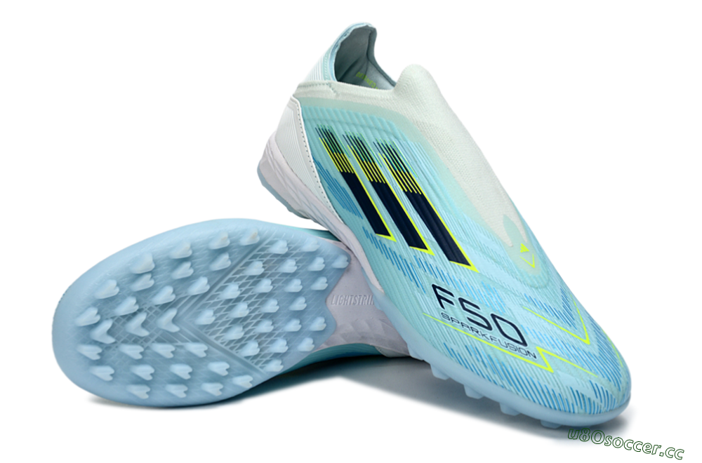 Men's Adidas F50 Elite Laceless TF Artificial Turf Low-Tops Football Shoes - Aqua/Sky Blue/Neon Yellow 4