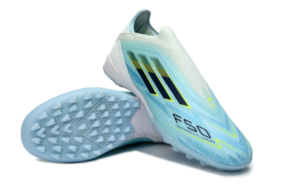 Men's Adidas F50 Elite Laceless TF Artificial Turf Low-Tops Football Shoes - Aqua/Sky Blue/Neon Yellow