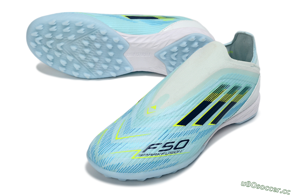 Men's Adidas F50 Elite Laceless TF Artificial Turf Low-Tops Football Shoes - Aqua/Sky Blue/Neon Yellow 3