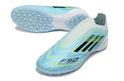 Men's Adidas F50 Elite Laceless TF Artificial Turf Low-Tops Football Shoes - Aqua/Sky Blue/Neon Yellow