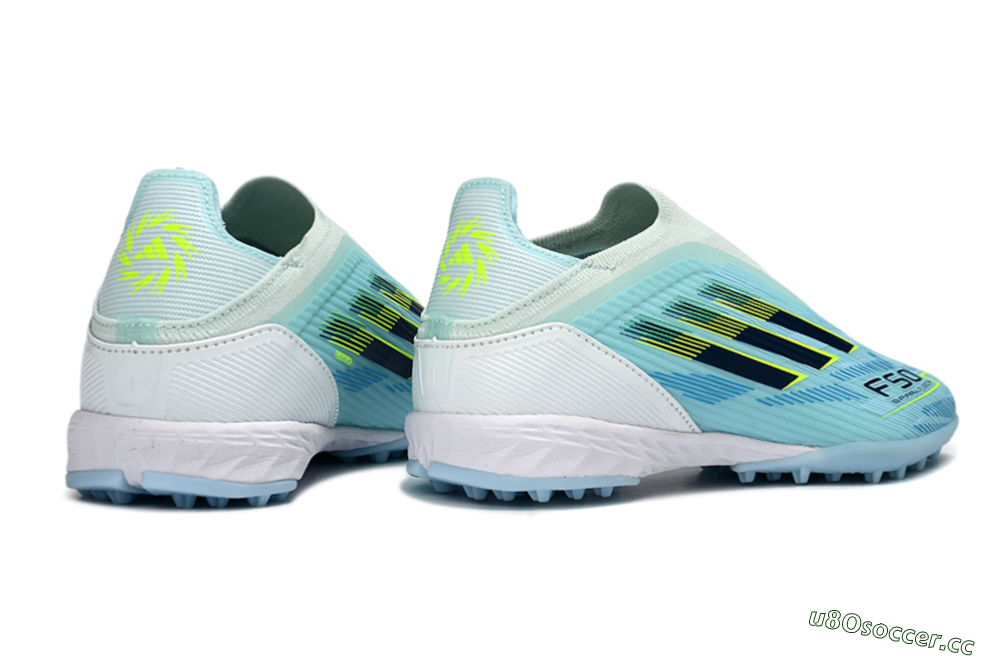 Men's Adidas F50 Elite Laceless TF Artificial Turf Low-Tops Football Shoes - Aqua/Sky Blue/Neon Yellow 7