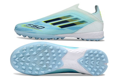 Men's Adidas F50 Elite Laceless TF Artificial Turf Low-Tops Football Shoes - Aqua/Sky Blue/Neon Yellow