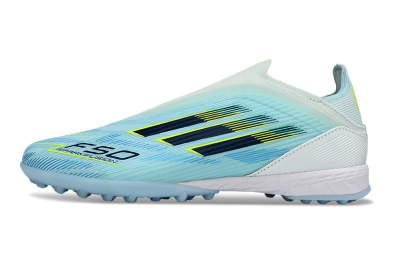 Men's Adidas F50 Elite Laceless TF Artificial Turf Low-Tops Football Shoes - Aqua/Sky Blue/Neon Yellow