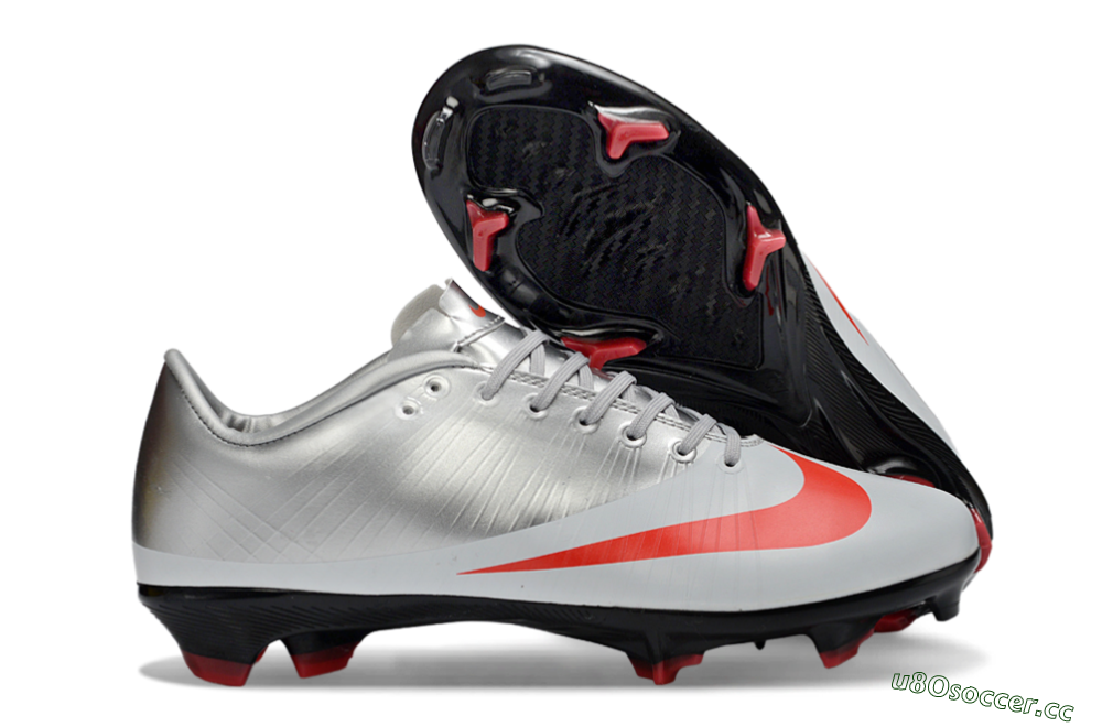 Men's CR7 x Nike Air Zoom Mercurial Vapor 16 Elite FG Firm Ground Low-Tops Football Boots - Silver/Fiery Red/Black 2