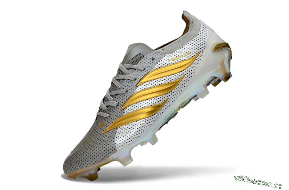 Men's Adidas Predator 26 Elite FG Firm Ground Low-Tops Football Boots - Silver/Metallic Gold/White 5