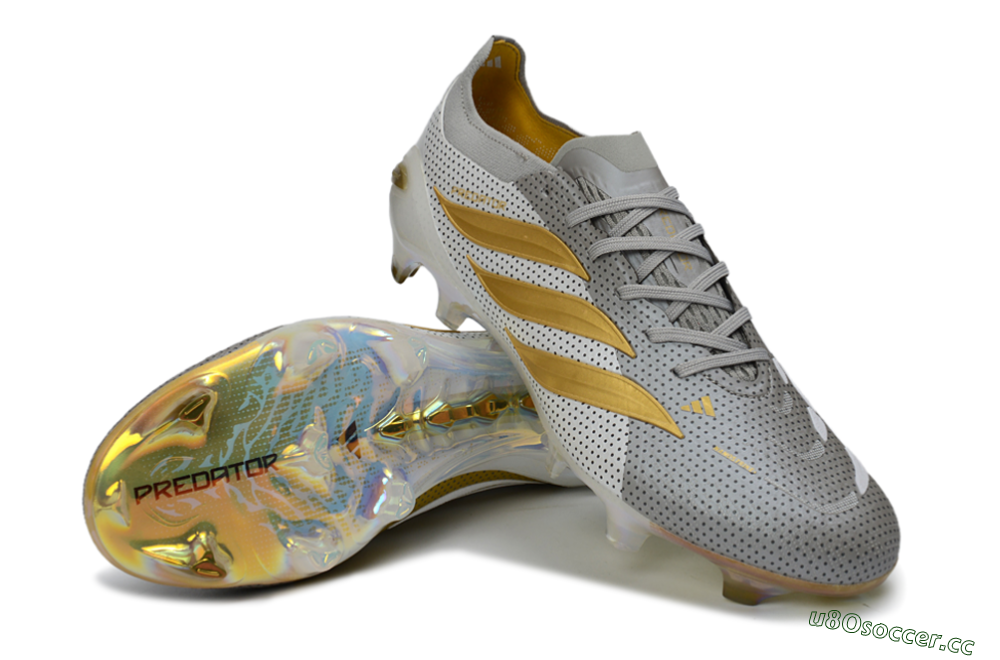 Men's Adidas Predator 26 Elite FG Firm Ground Low-Tops Football Boots - Silver/Metallic Gold/White 3