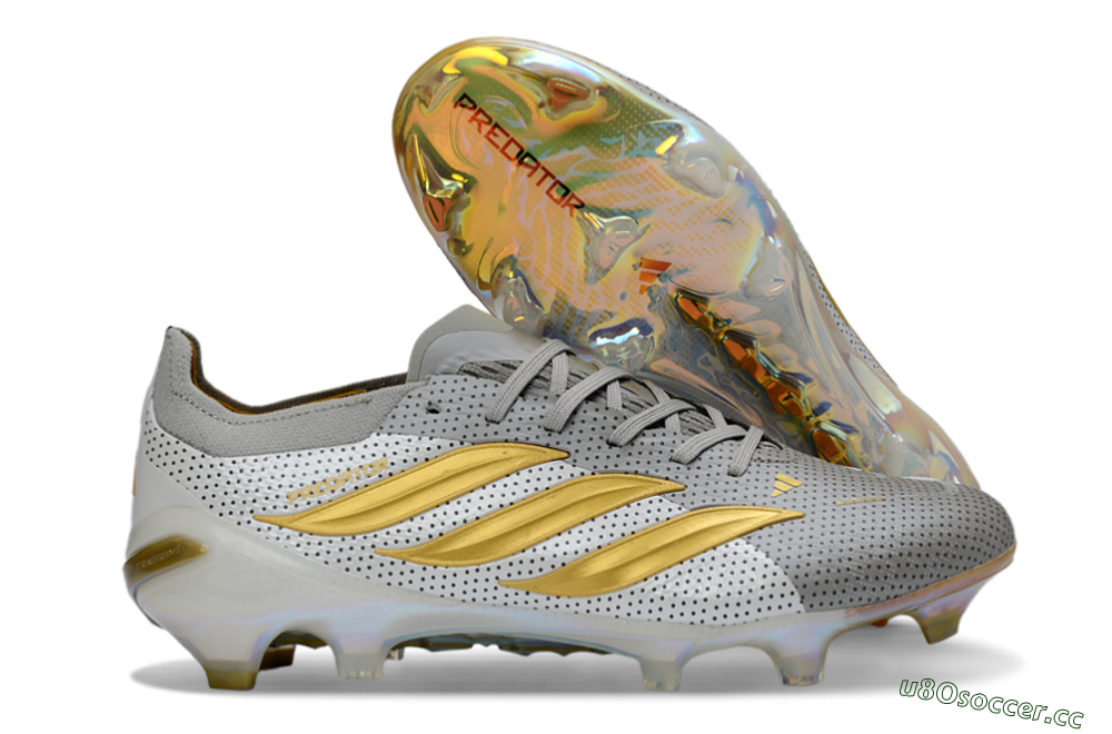 Men's Adidas Predator 26 Elite FG Firm Ground Low-Tops Football Boots - Silver/Metallic Gold/White 2