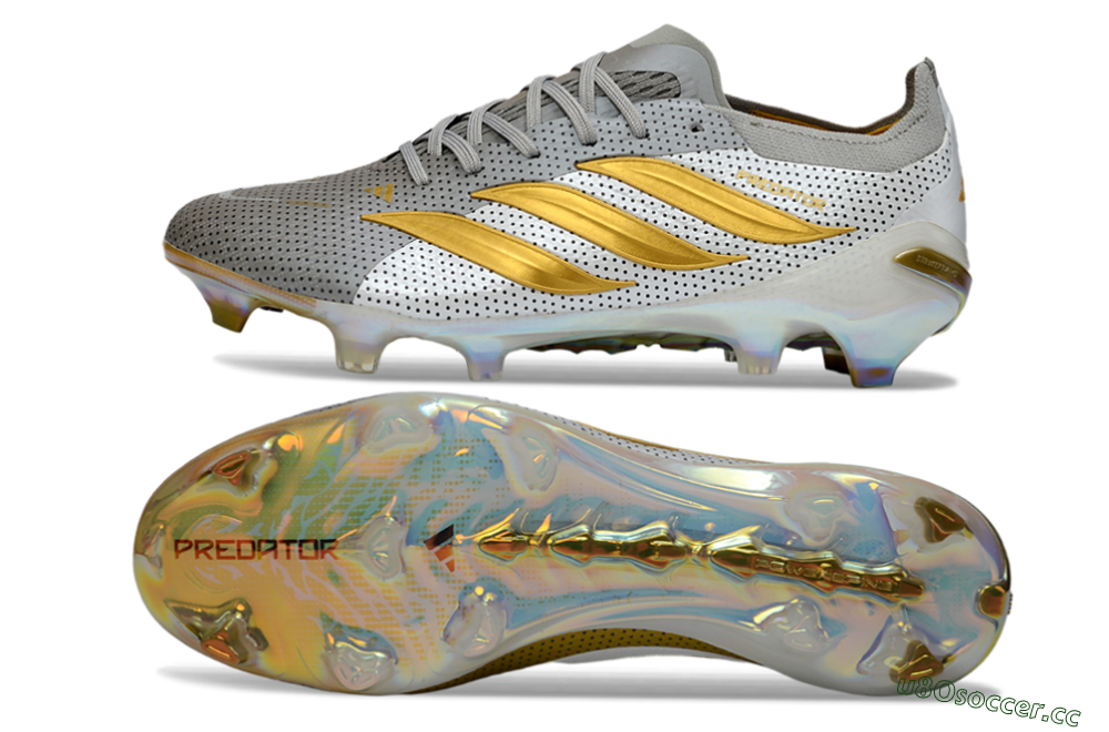 Men's Adidas Predator 26 Elite FG Firm Ground Low-Tops Football Boots - Silver/Metallic Gold/White 1