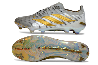 Men's Adidas Predator 26 Elite FG Firm Ground Low-Tops Football Boots - Silver/Metallic Gold/White