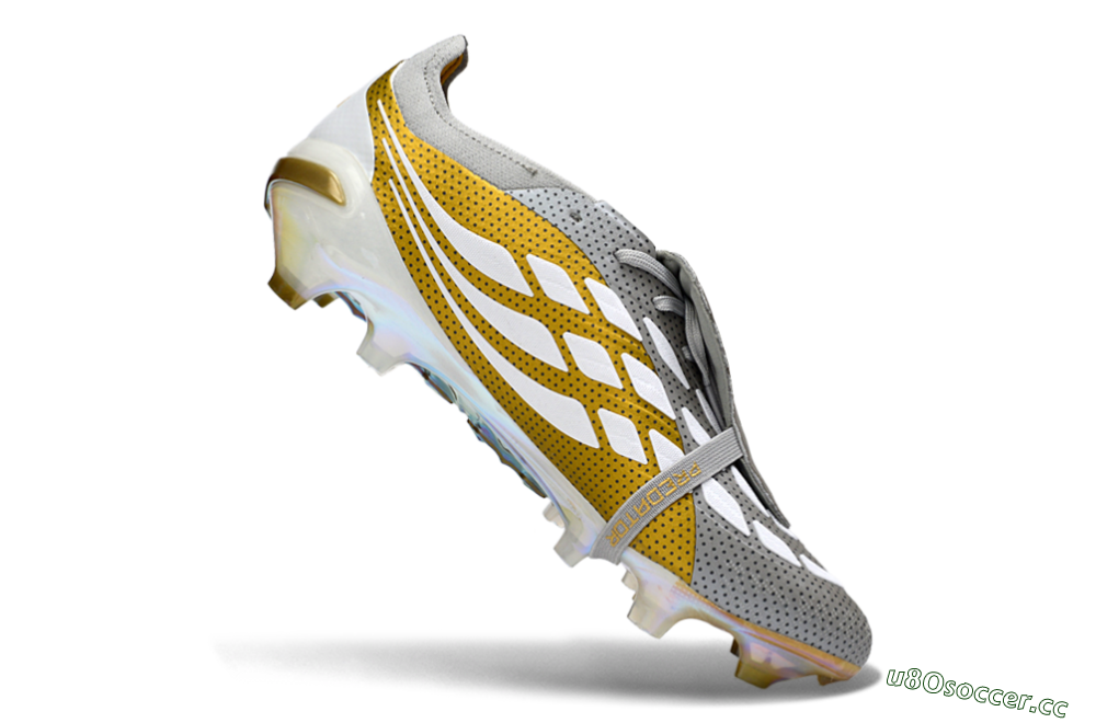 Men's Adidas Predator 26 Elite Fold-Over Tongue FG Firm Ground Low-Tops Football Boots - Grey/Metallic Gold/White 4