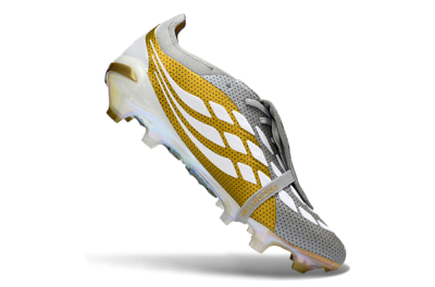 Men's Adidas Predator 26 Elite Fold-Over Tongue FG Firm Ground Low-Tops Football Boots - Grey/Metallic Gold/White