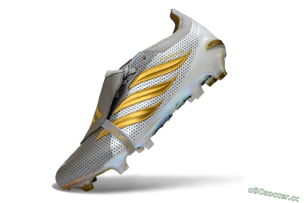 Men's Adidas Predator 26 Elite Fold-Over Tongue FG Firm Ground Low-Tops Football Boots - Grey/Metallic Gold/White 5