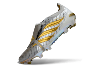 Men's Adidas Predator 26 Elite Fold-Over Tongue FG Firm Ground Low-Tops Football Boots - Grey/Metallic Gold/White