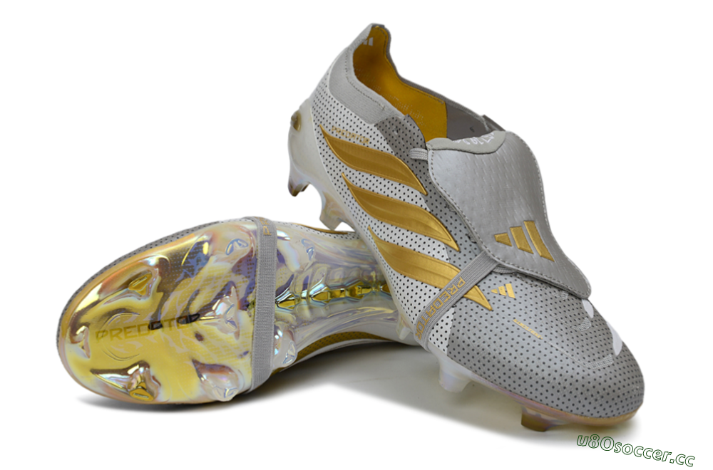Men's Adidas Predator 26 Elite Fold-Over Tongue FG Firm Ground Low-Tops Football Boots - Grey/Metallic Gold/White 3