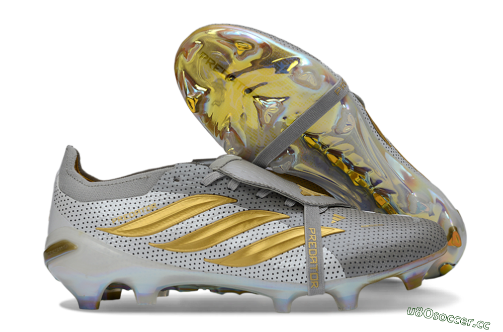 Men's Adidas Predator 26 Elite Fold-Over Tongue FG Firm Ground Low-Tops Football Boots - Grey/Metallic Gold/White 2