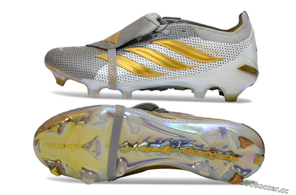 Men's Adidas Predator 26 Elite Fold-Over Tongue FG Firm Ground Low-Tops Football Boots - Grey/Metallic Gold/White 1