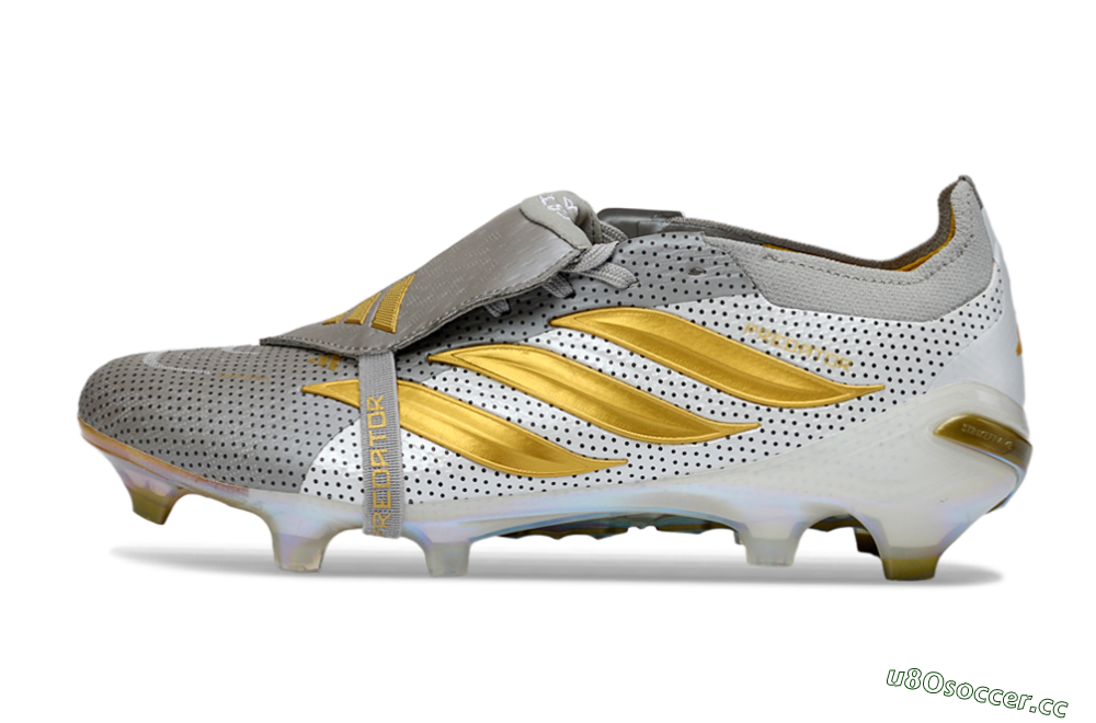 Men's Adidas Predator 26 Elite Fold-Over Tongue FG Firm Ground Low-Tops Football Boots - Grey/Metallic Gold/White 0