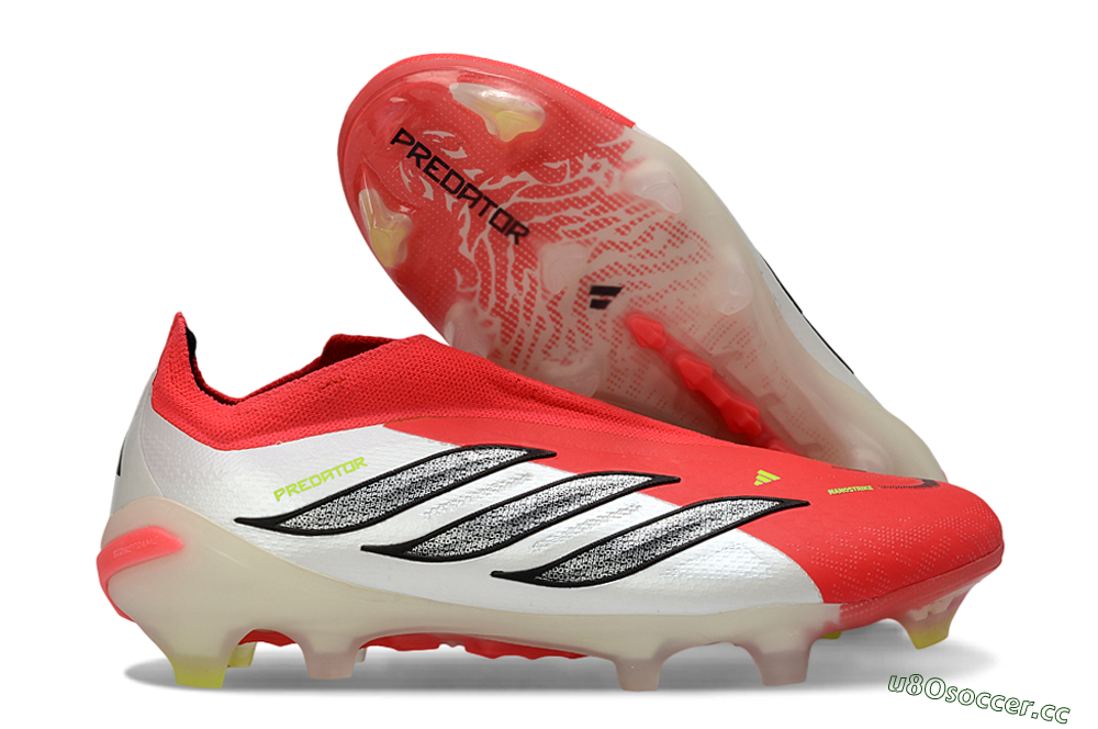 Men's Adidas Predator 26 Elite Laceless FG Firm Ground Low-Tops Football Boots - Red/Electric Orange/White 2