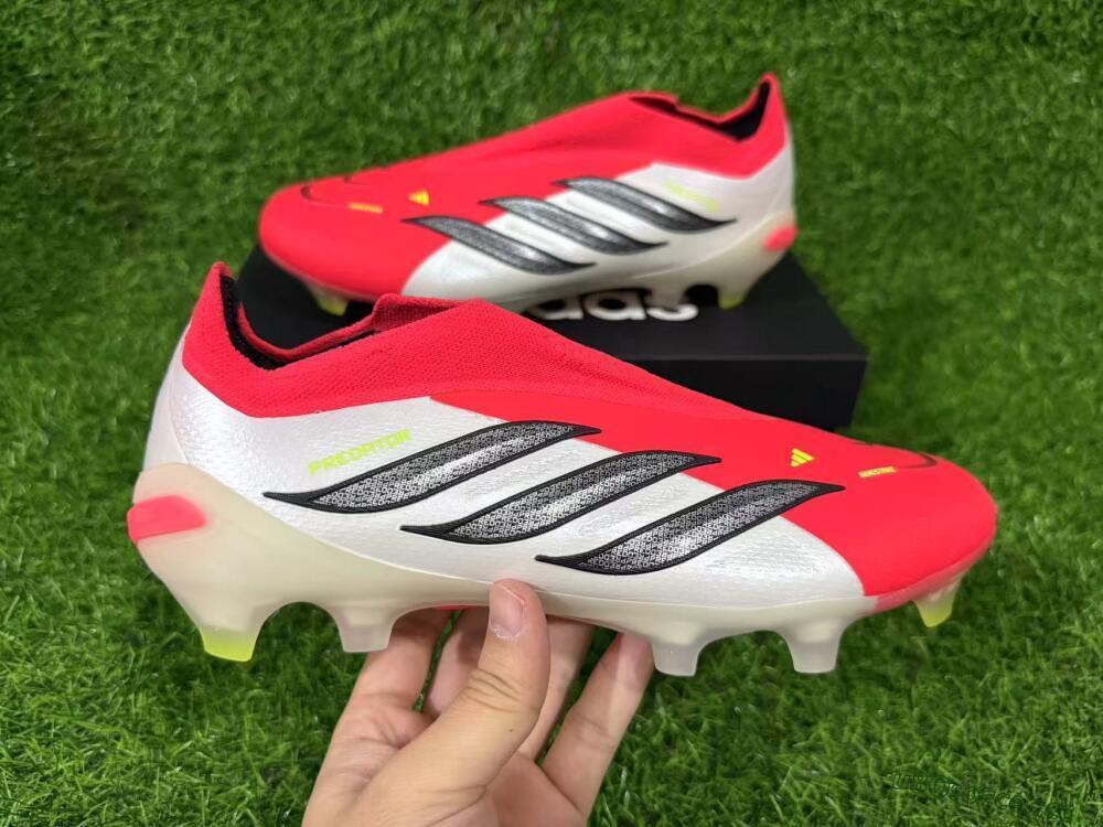 Men's Adidas Predator 26 Elite Laceless FG Firm Ground Low-Tops Football Boots - Red/Electric Orange/White