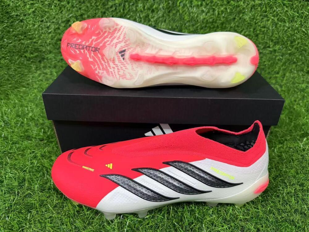 Men's Adidas Predator 26 Elite Laceless FG Firm Ground Low-Tops Football Boots - Red/Electric Orange/White