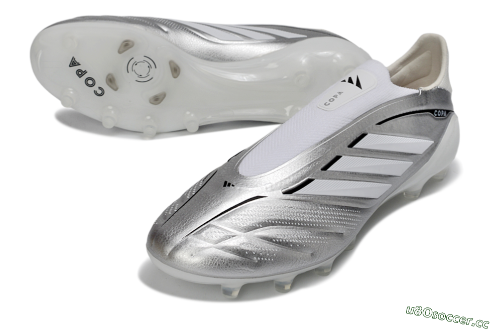 Men's Adidas Copa Pure 4 Elite Laceless FG Firm Ground Low-Tops Football Boots - Silver/Metallic Grey/White 3