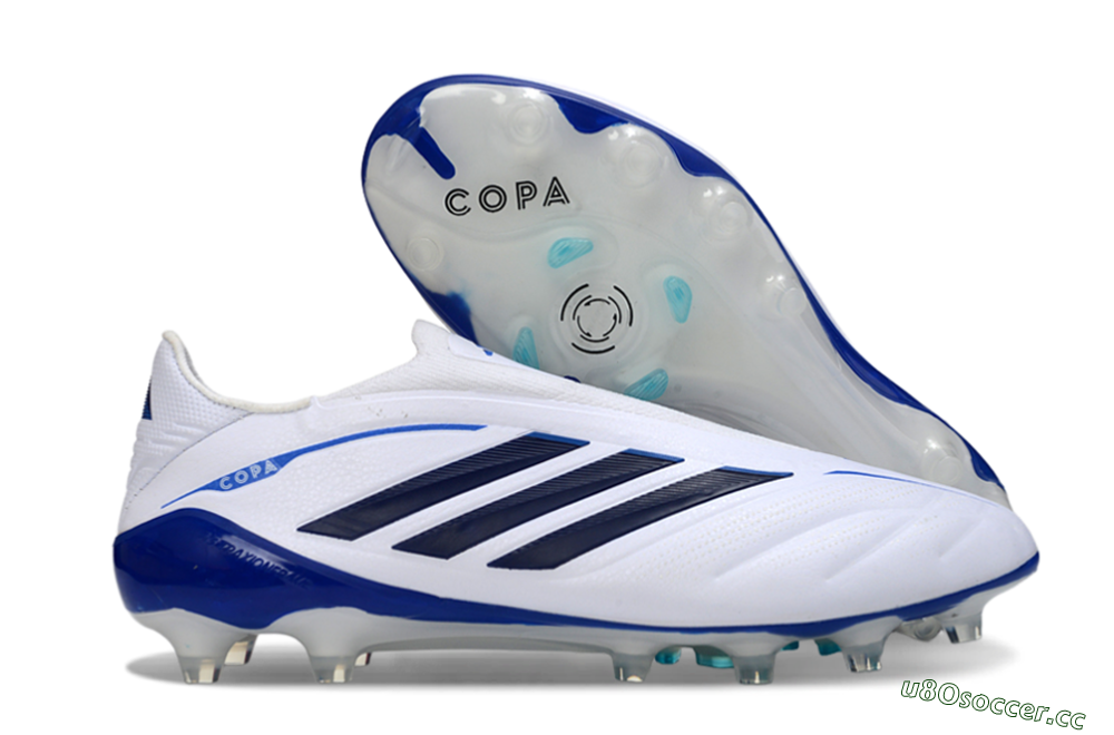 Men's Adidas Copa Pure 4 Elite Laceless FG Firm Ground Low-Tops Football Boots - White/Navy Blue/Light Blue 2
