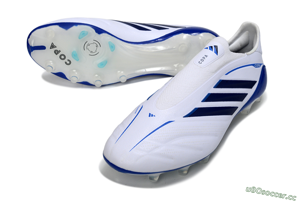 Men's Adidas Copa Pure 4 Elite Laceless FG Firm Ground Low-Tops Football Boots - White/Navy Blue/Light Blue 3